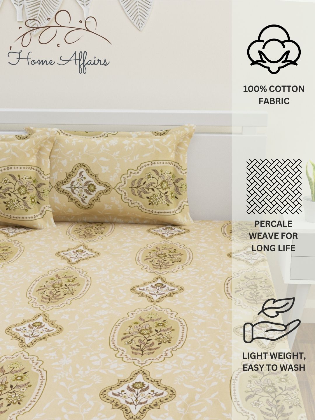 Zehna Cotton Bedsheet Set | Everyday Bedwear - Tan