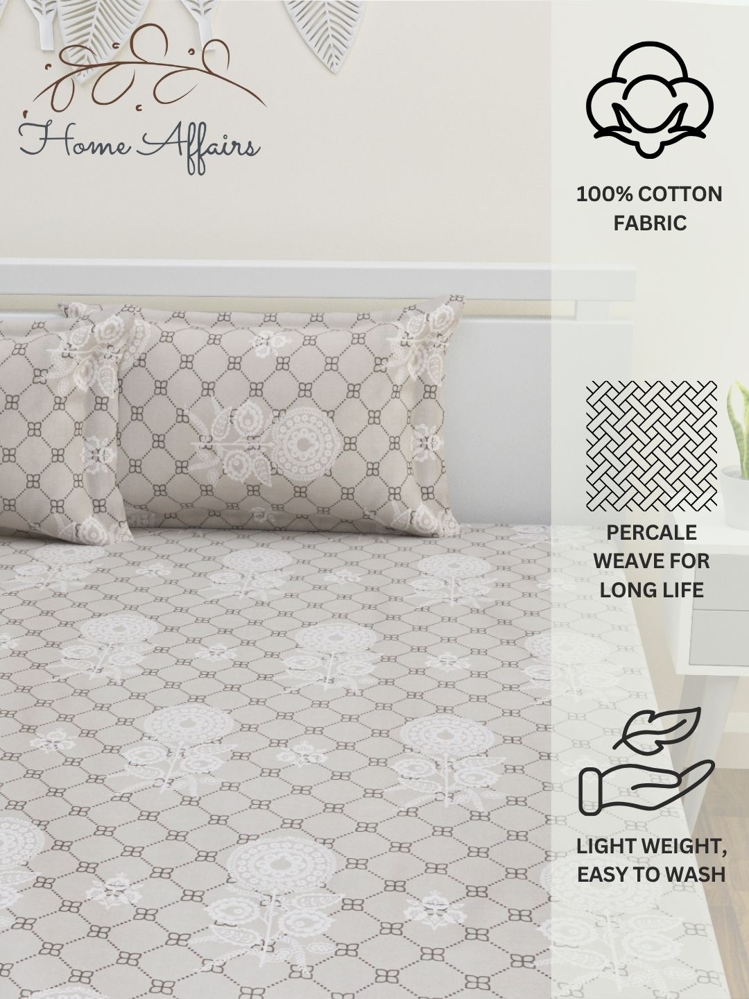 Kausha Cotton Bedsheet Set | Everyday Bedwear - Grey